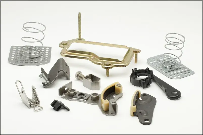 A range of stampings, springs, clips, and assembled metal and plastic components
