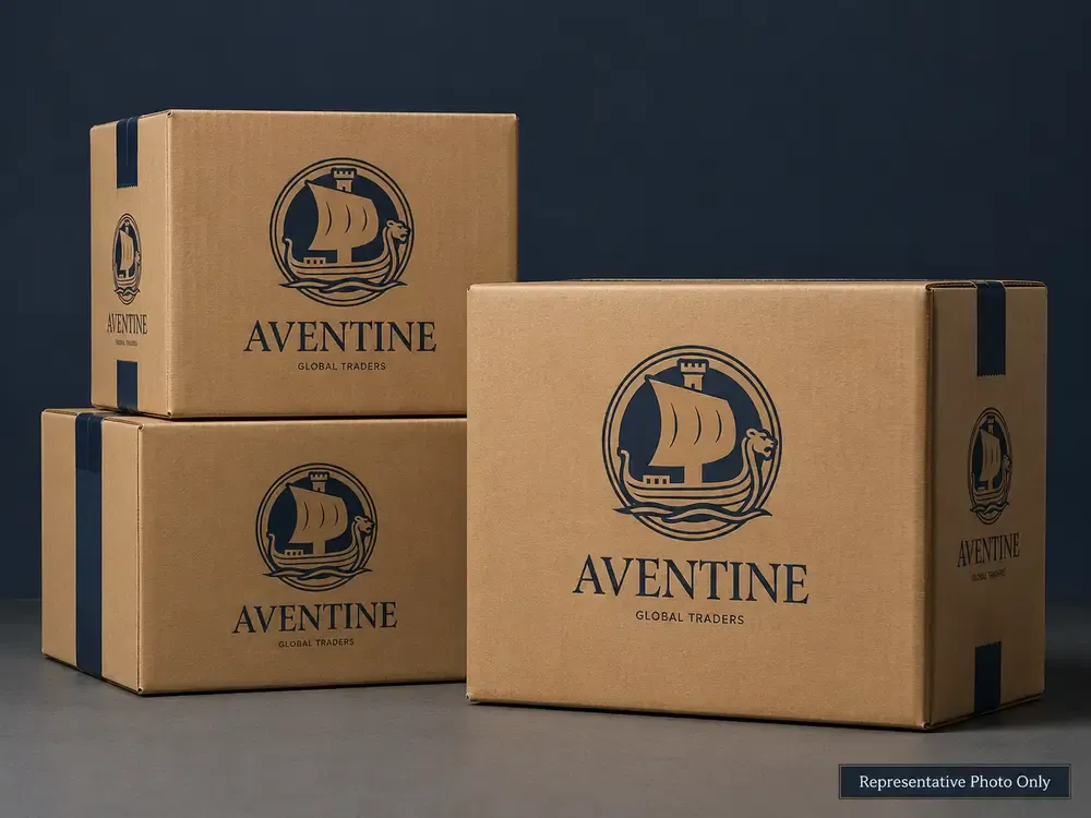 Stacked branded Aventine corrugated shipping cartons