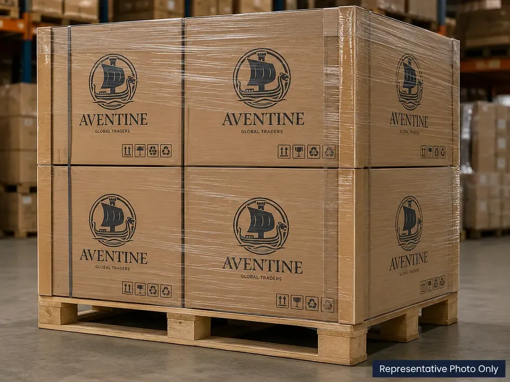 Palletized, stretch-wrapped Aventine corrugated cartons