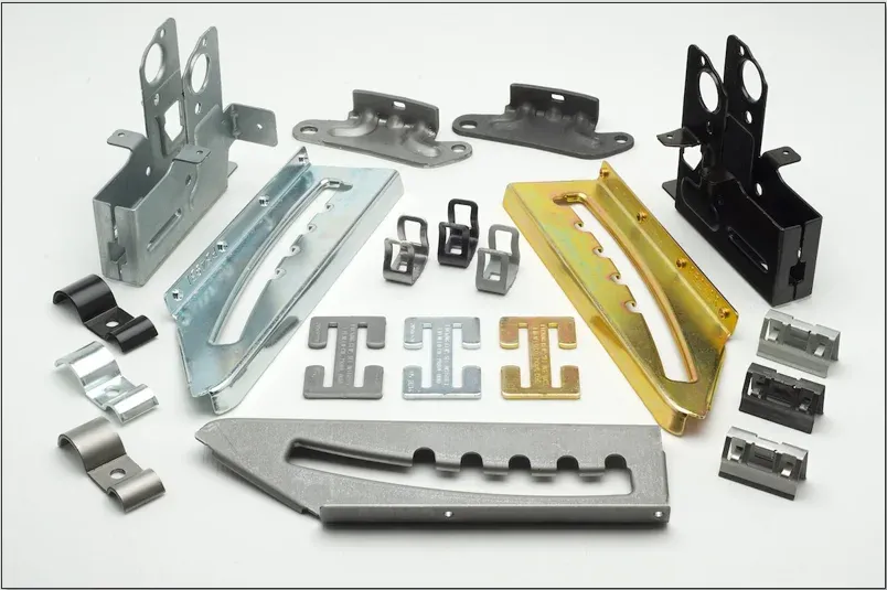 Stamped brackets and clips in zinc, black, and gold-zinc plating finishes