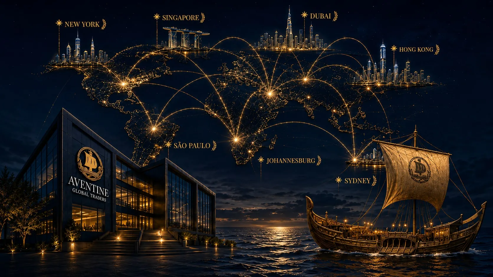 A glowing world map connecting New York, Singapore, Dubai, Hong Kong, São Paulo, Johannesburg and Sydney, with the Aventine headquarters and ship