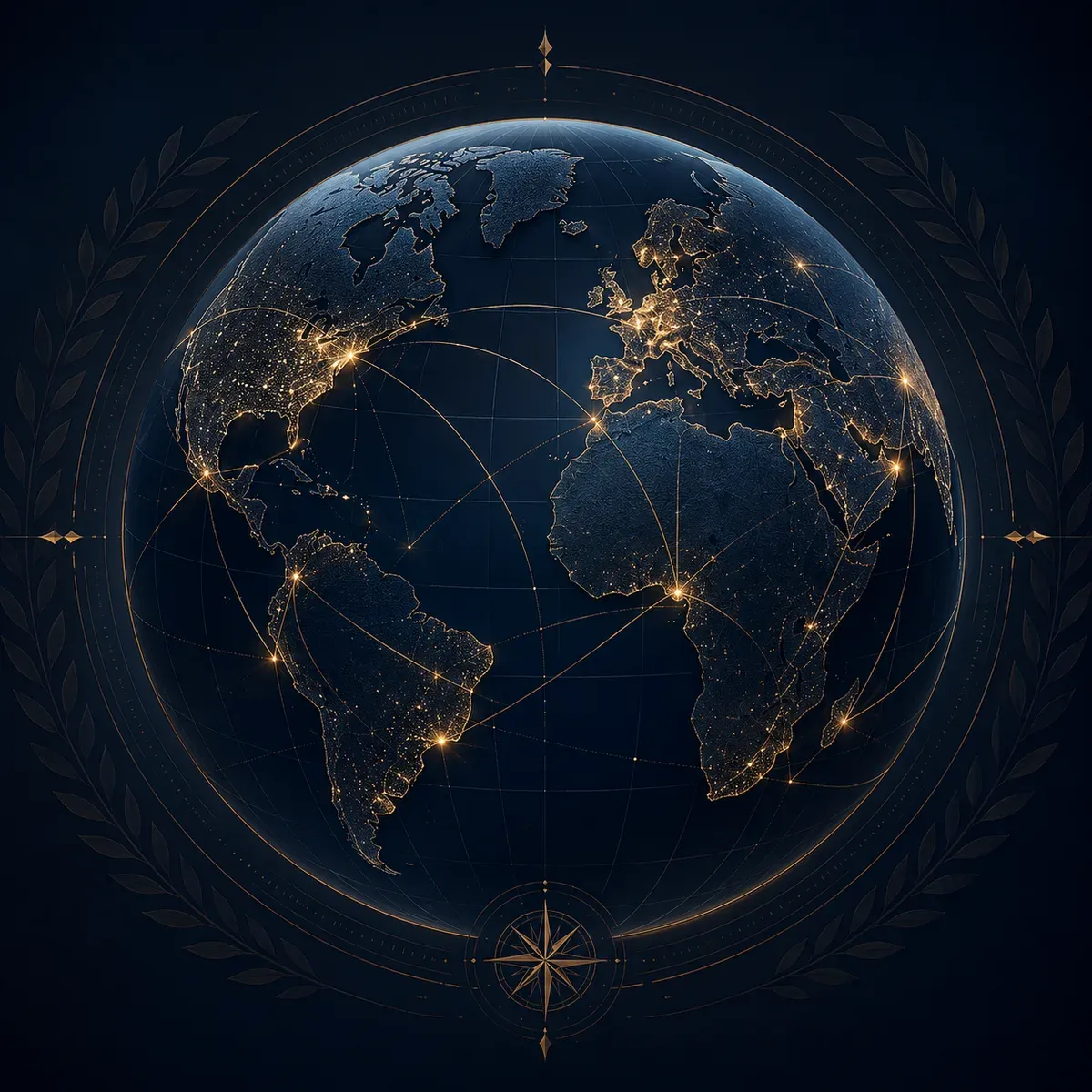 A stylized globe traced with luminous trade routes linking Aventine's representative countries across the world