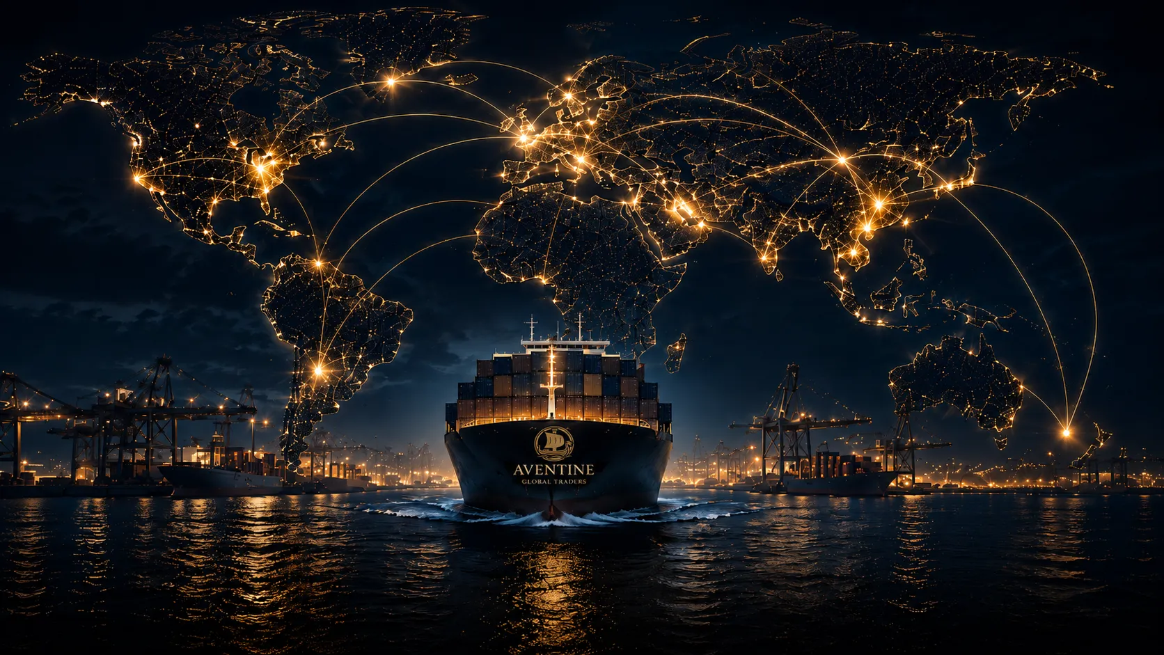 An Aventine Global Traders container ship at port beneath a glowing world map of international trade routes