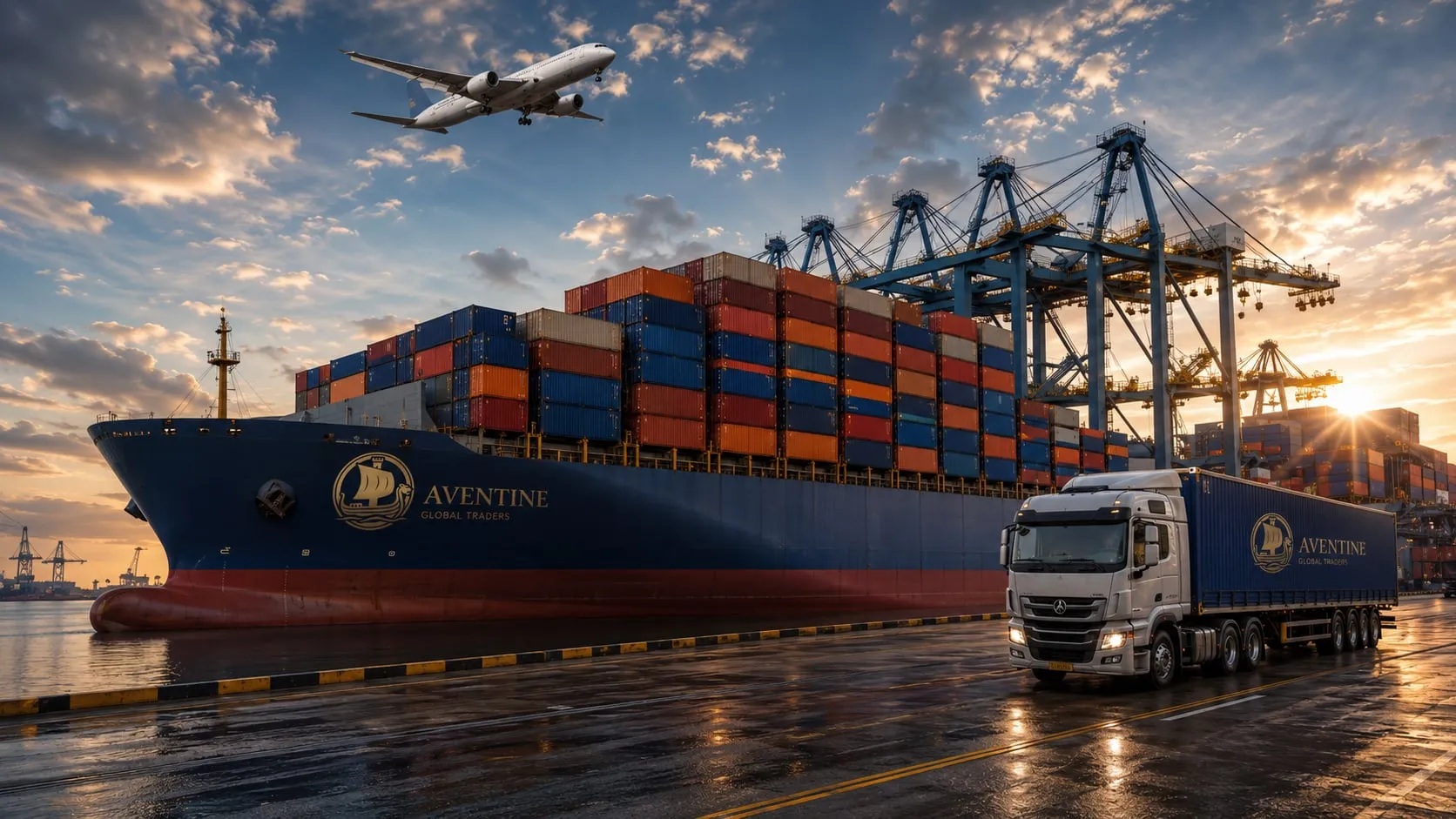 Aventine Global Traders container ship, cargo plane, and delivery truck at an international port